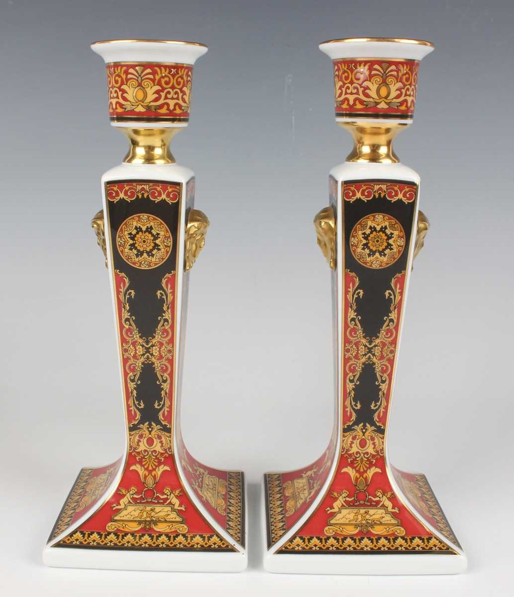 A pair of Rosenthal Versace Medusa pattern candlesticks, late 20th century, gilt printed marks to - Image 2 of 4