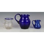 A Bristol blue glass jug, 19th century, the baluster body with simple loop handle, height 17cm, a