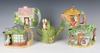 Five Border Fine Arts Studio Beatrix Potter novelty teapots and covers, each relief moulded with a