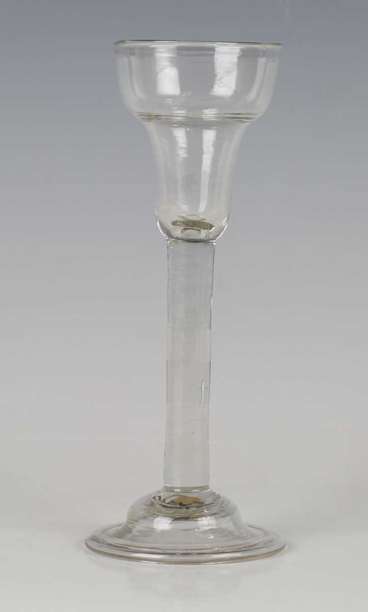 A pan-topped plain stem wine glass, circa 1740, with domed foot, height 16cm, together with two - Image 6 of 7