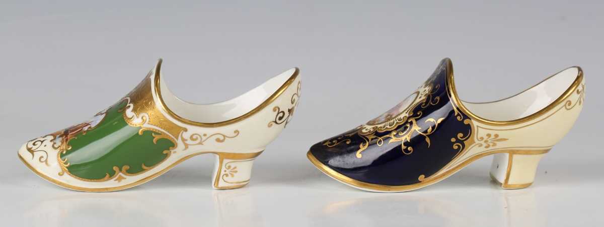 Two Coalport porcelain models of slippers or shoes, early 20th century, the first painted with a - Image 6 of 10