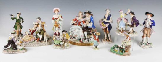 A collection of ten Sitzendorf porcelain figures and groups, early 20th century, including a pair