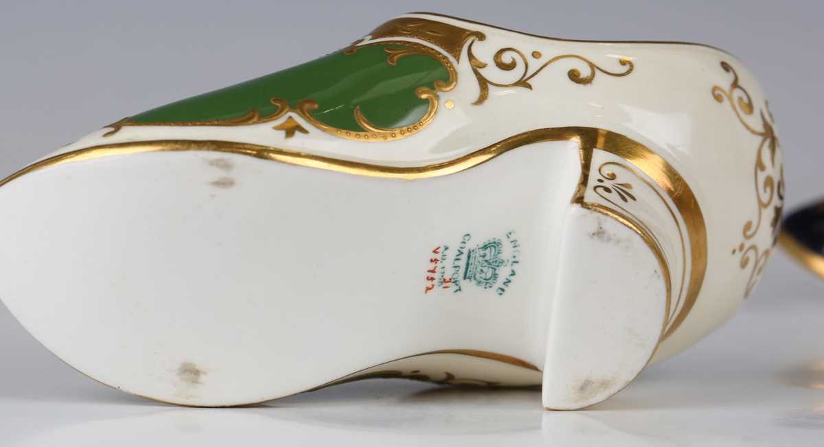 Two Coalport porcelain models of slippers or shoes, early 20th century, the first painted with a - Image 7 of 10