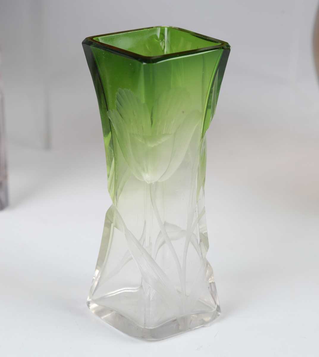 A Moser intaglio cut Art Nouveau vase, circa 1910, of waisted square shape shaded from clear to - Image 2 of 5