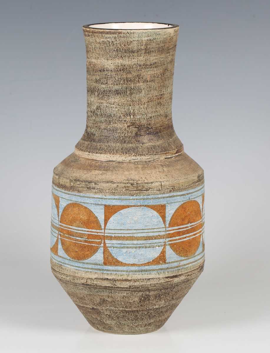 A Newlyn Troika pottery urn vase, 1973-79, decorated by Avril Bennett, monogrammed, with a pale blue - Image 2 of 4