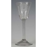 A plain stem Jacobite type engraved wine glass, circa 1745, the rounded funnel bowl engraved with