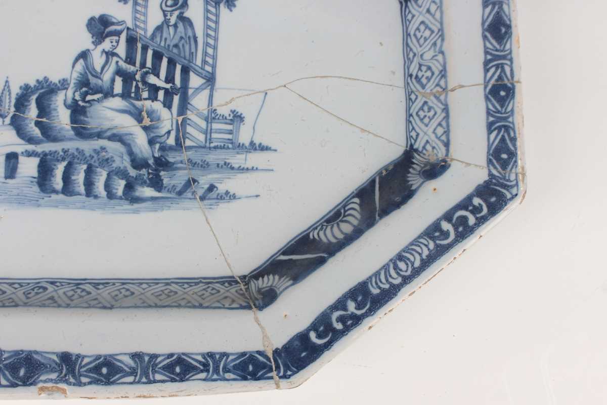 A delft octagonal plate and matching dish, Liverpool or Dublin, circa 1770, painted in blue with - Image 20 of 23