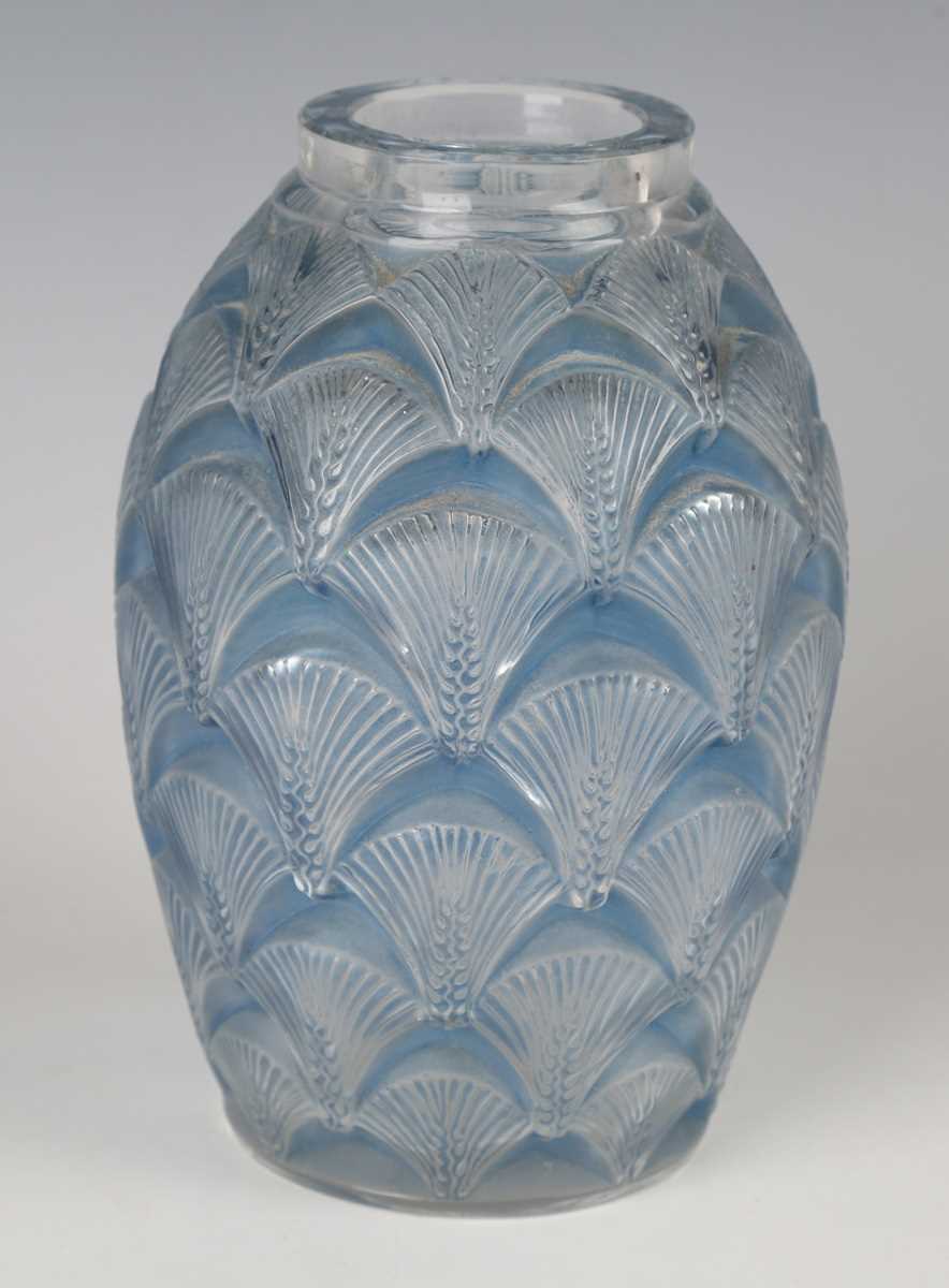 An Art Deco Lalique frosted and blue stained Herblay glass vase, designed 1932, acid etched mark 'R.