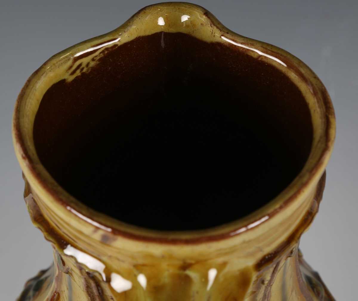 A large Doug Fitch studio pottery jug, the ochre glazed pear shaped body with appliqué medieval - Image 5 of 6