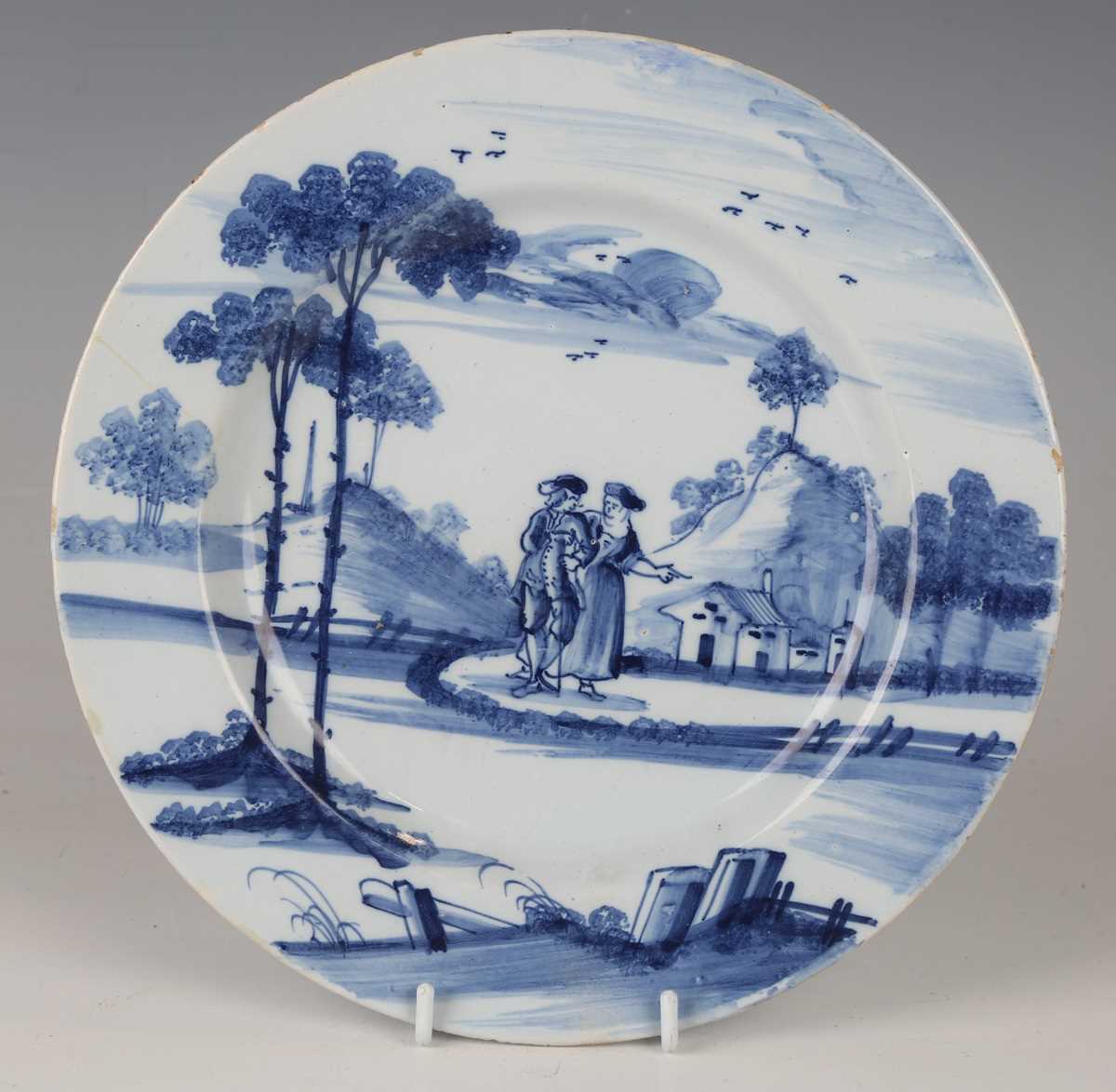 An English delft plate, Bristol, circa 1760, painted in blue in the manner of John Bowen,