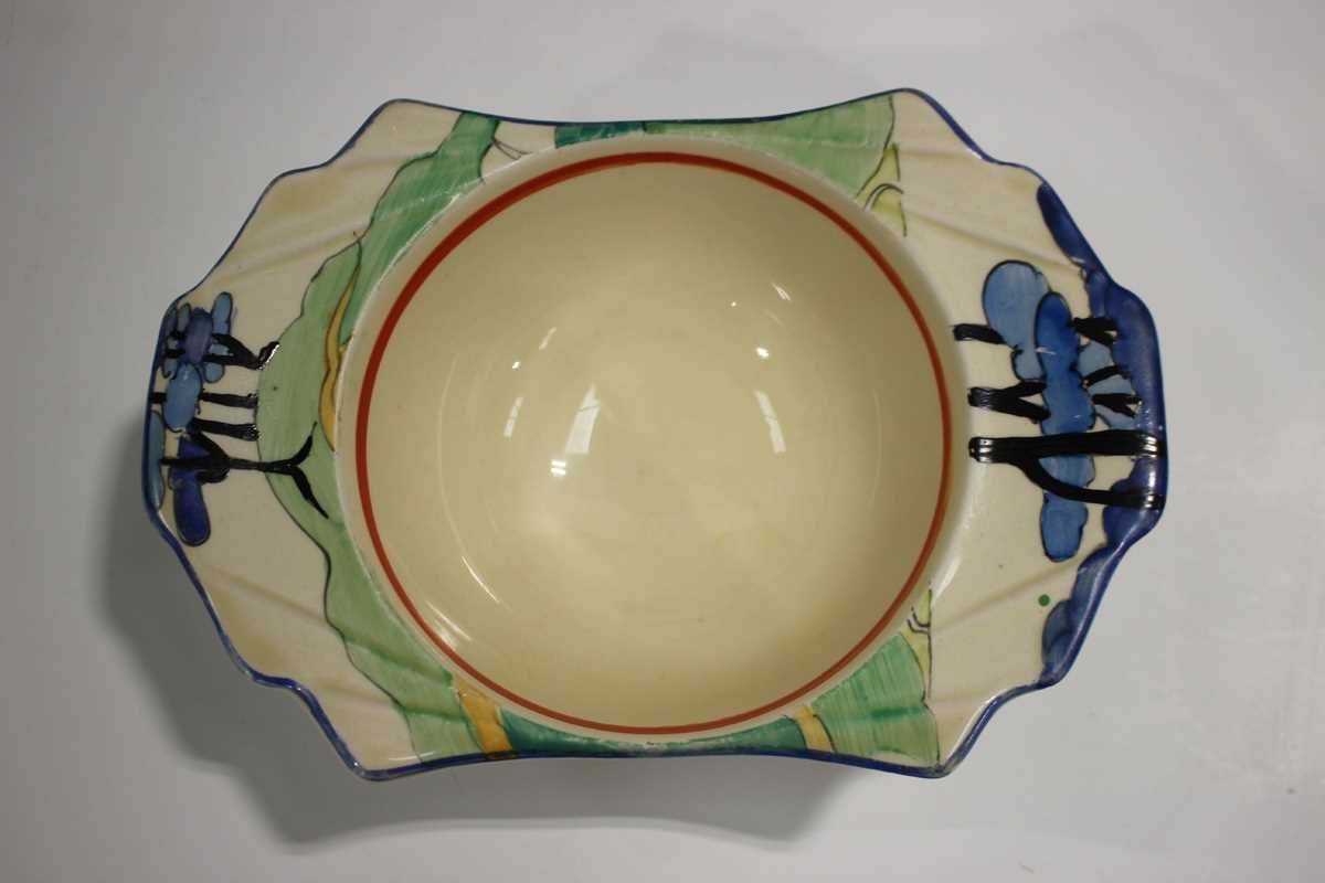 An Art Deco Clarice Cliff Bizarre Blue Firs pattern grapefruit bowl, 1930s, black printed and