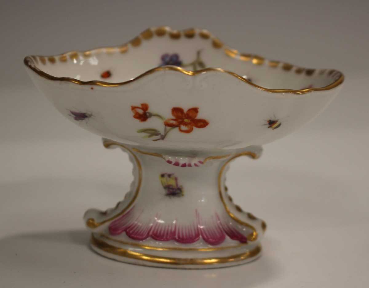 A matched pair of Dresden porcelain Meissen style salts, early 20th century, the oval dish tops - Image 7 of 9