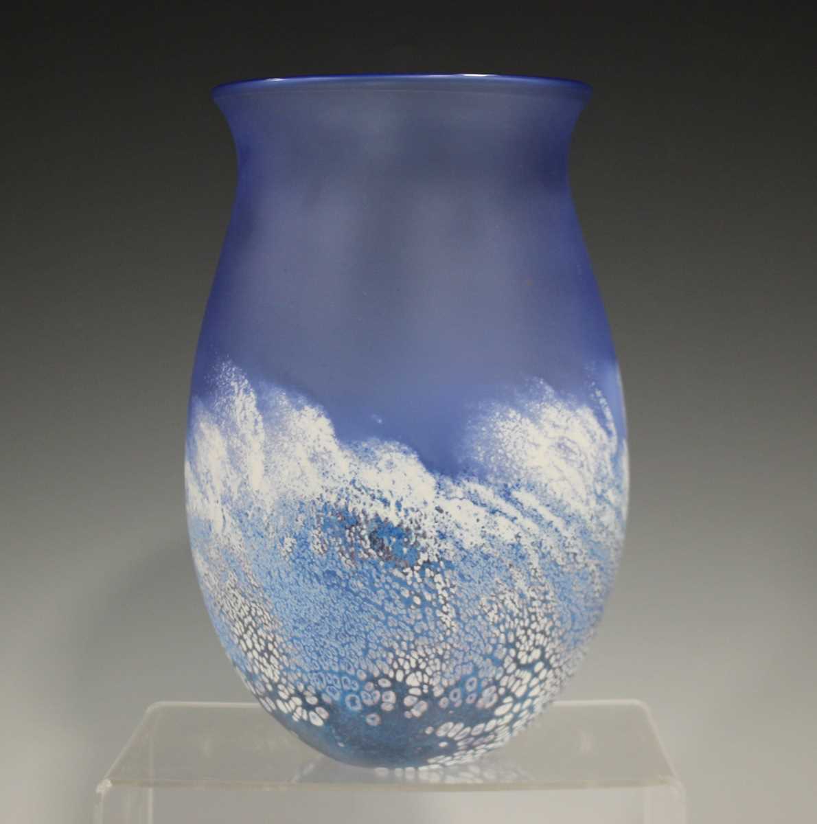 A Malcolm Sutcliffe studio glass vase, contemporary, the frosted blue body cased in darker blue - Image 2 of 3
