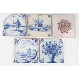 A London delft tile, circa 1740, painted in blue with an urn or vase of flowers, the corners with