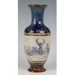 A Doulton Lambeth stoneware vase, decorated by Hannah Barlow, monogrammed, with deer, the blue