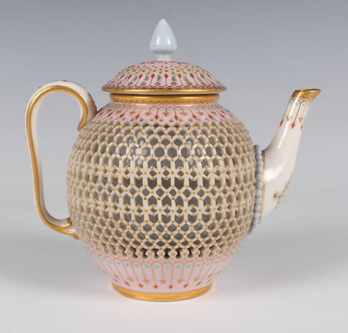A fine Royal Worcester reticulated teapot and cover, in the manner of George Owen, dated 1876, the - Image 3 of 13