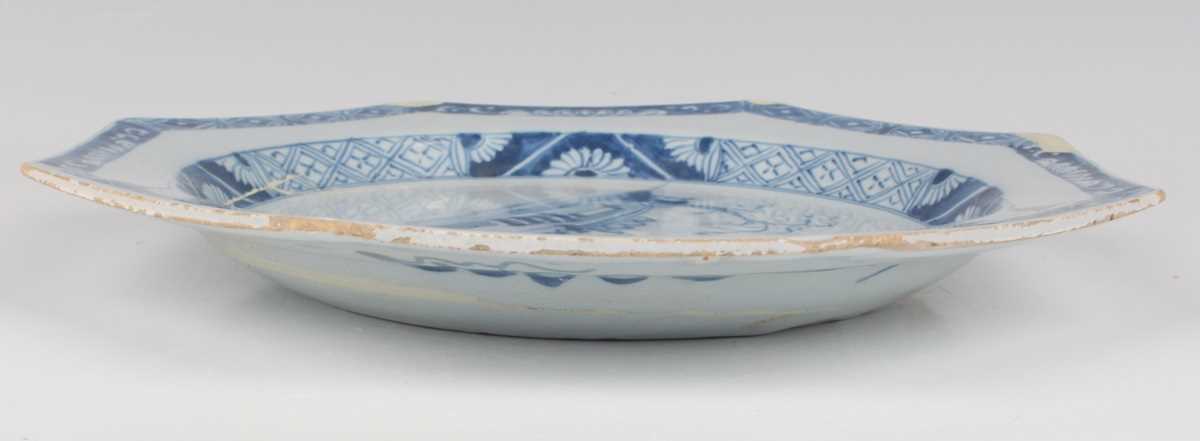 A delft octagonal plate and matching dish, Liverpool or Dublin, circa 1770, painted in blue with - Image 8 of 23