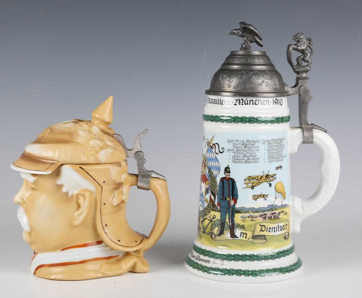 A German porcelain stein, modelled as the head of Otto von Bismarck, the hinged lid in the form of a - Image 3 of 11