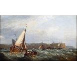 Ebenezer Colls – Sailing Vessels in Choppy Waters off a Coast, 19th century oil on canvas, signed,