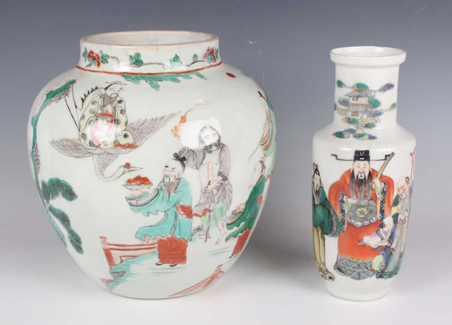 A Chinese famille verte porcelain jar, Transitional style but probably late 19th century, of stout