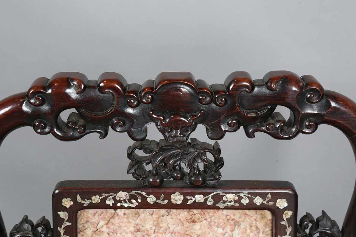 A Chinese hardwood and mother-of-pearl inlaid chair, late 19th/early 20th century, the top rail - Image 2 of 27