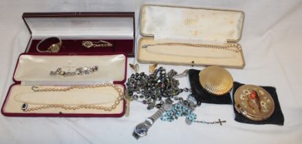 Various costume jewellery including silver mounted lotus pearl necklace, ladies' wristwatches,