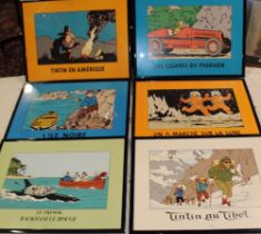 Six French coloured Tintin prints including "On A Marche Sur La Lune/Tintin En Amerique/Tintin Au