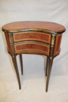 A reproduction French inlaid mahogany and rosewood kidney-shaped chest of two small curved drawers