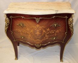 A Reproduction French inlaid mahogany bombe-shaped chest of two long drawers with white veined