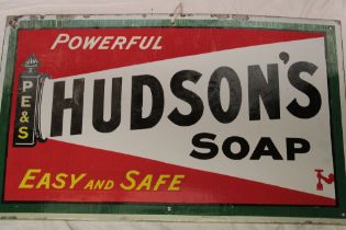 An old enamel rectangular advertising sign "Hudson's Soap - Powerful Easy And Safe",