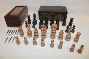 An old stained wood Staunton-style chess set (some pieces af) in stained wood box and a brass