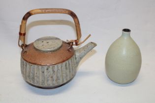 A studio pottery tapered spill vase 5½" high and a studio pottery Japanese-style tea kettle with
