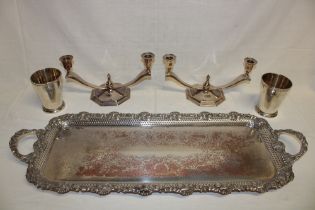 A Sheffield plate rectangular two-handled tea tray with pierced relief decorated borders,