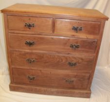 A Victorian satin-walnut chest of two-short and three-long drawers with brass ring handles on