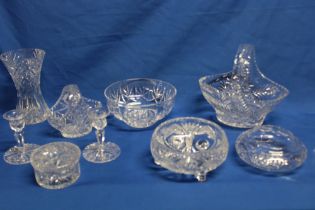 A Stuart crystal circular bowl, pair of Stuart cut-crystal candlesticks,
