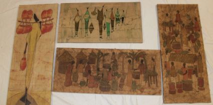 A pair of African fabric watercolour panels depicting village scenes with figures and two other