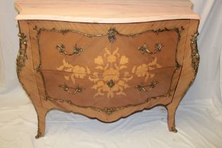 A reproduction French inlaid walnut bombe-shaped chest of two long drawers with pink veined marble