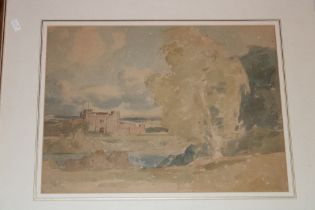 Stuart Milner - watercolour Landscape with castle, labelled to verso,