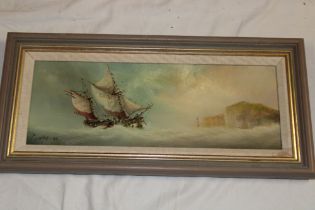 P** Wintrip - oil on board A French two-masted sailing boat off the coast, signed,