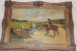 Artist Unknown - oil on canvas Country landscape with figure on a horse and a female,