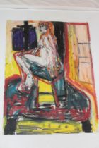 Judy Lusted - mixed media A study of a female nude on a stool,