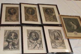 Seven mid-18th century black and white engravings depicting famous portraits including William Lord