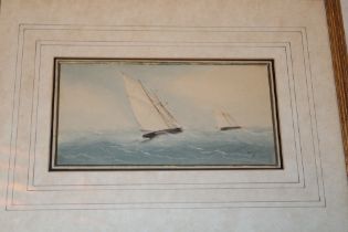 Richmond Marks - watercolour Two sailing boats at sea, labelled to verso,