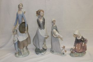 Four various Lladro china figures including female with child 16" high, female picking flowers,