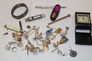 A selection of various costume jewellery, cuff-links, gilt propelling pencil, cased silver thimble,