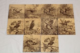 Ten 19th Century Minton's ceramic square tiles with sepia bird decoration