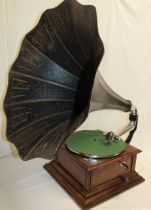 An unusual zonophone table top gramophone with chromium-plated mounts in oak case with original