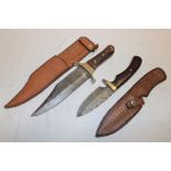 A good quality sheath knife with Damascus single edged blade and burr grips in leather sheath and
