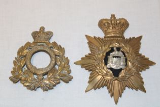 A Victorian Officer's helmet plate of the Dorset Regiment (af) and a part brass Last Shako plate