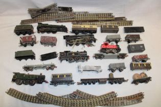 A selection of Hornby Dublo and OO gauge part engines, rolling stock, 3-rail track,